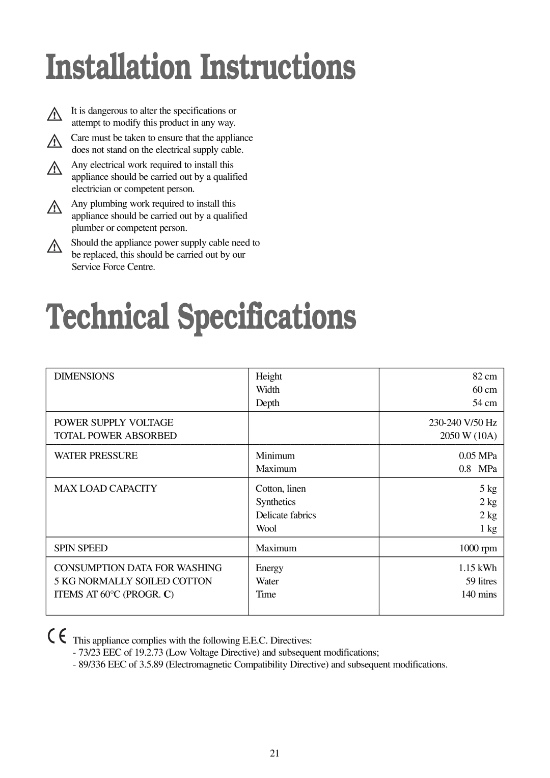 Electrolux FWM 1010 manual Installation Instructions, Technical Specifications 