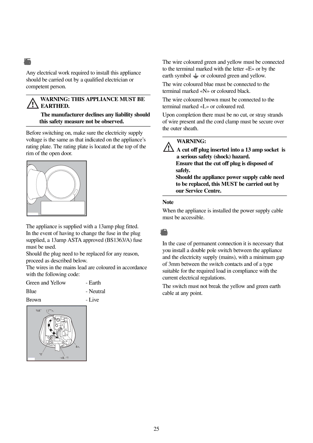 Electrolux FWM 1010 manual Electrical connection, Permanent connection 