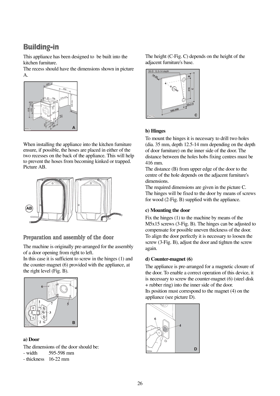 Electrolux FWM 1010 manual Building-in, Door, Hinges, Mounting the door, Counter-magnet 