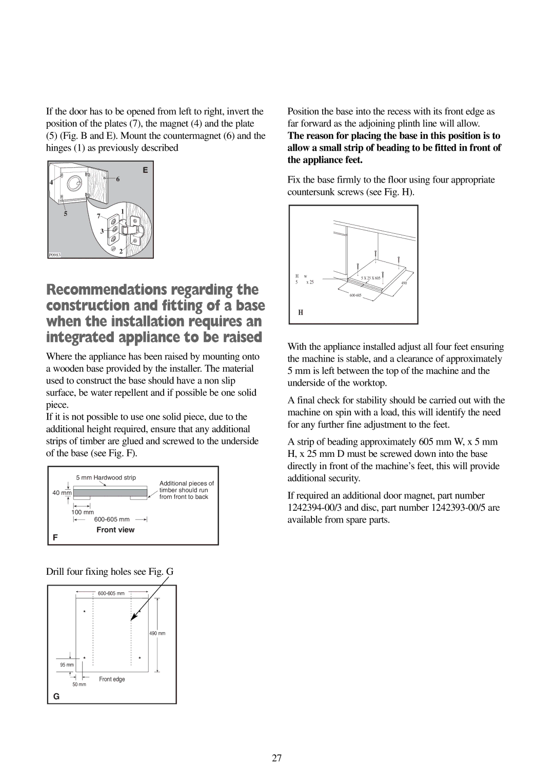 Electrolux FWM 1010 manual Drill four fixing holes see Fig. G 