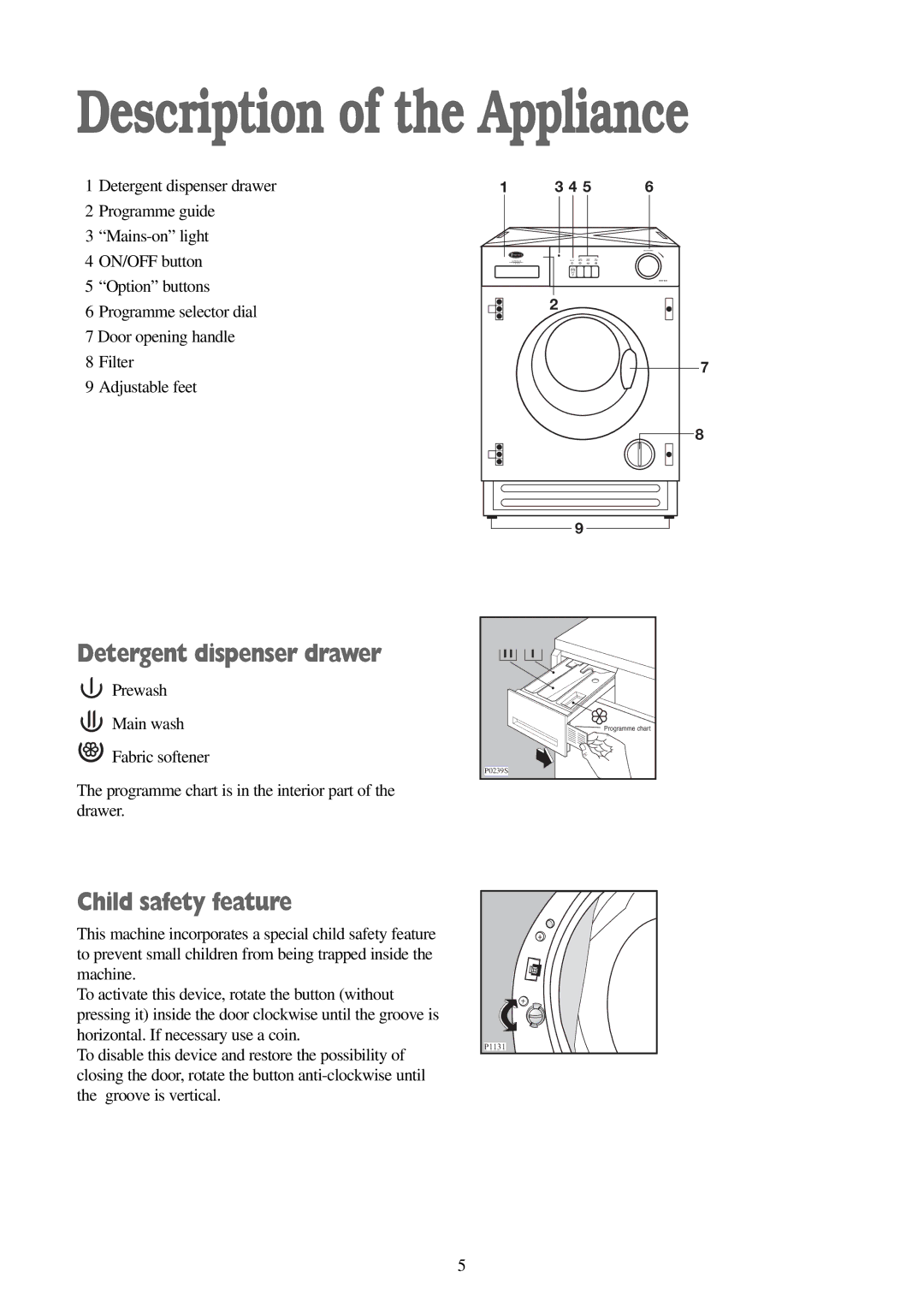 Electrolux FWM 1010 manual Description of the Appliance, Detergent dispenser drawer, Child safety feature 