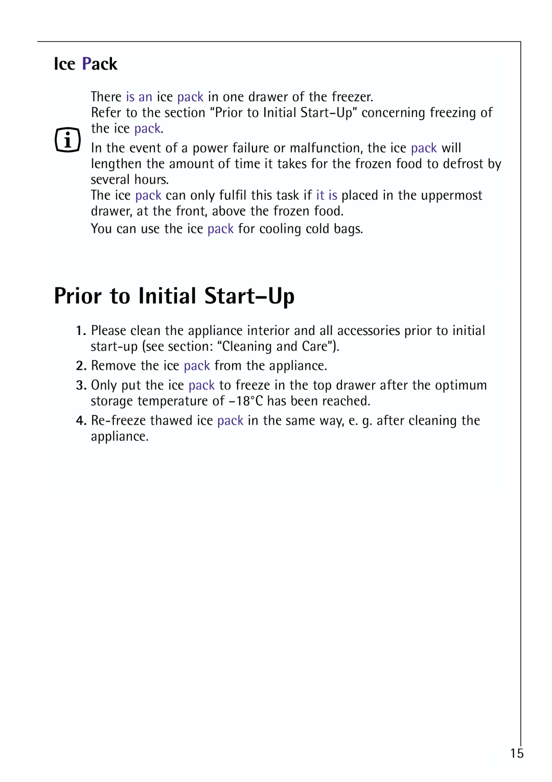 Electrolux G 78850-4 i operating instructions Prior to Initial Start-Up, Ice Pack 