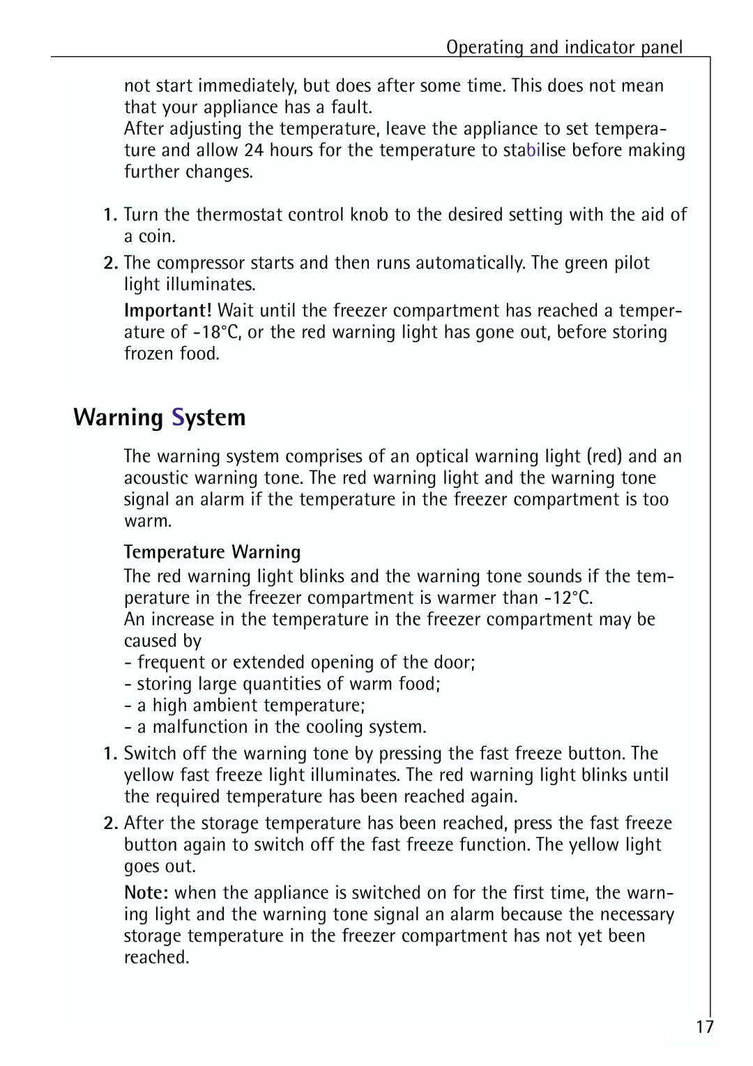 Electrolux G 78850-4 i operating instructions Temperature Warning 