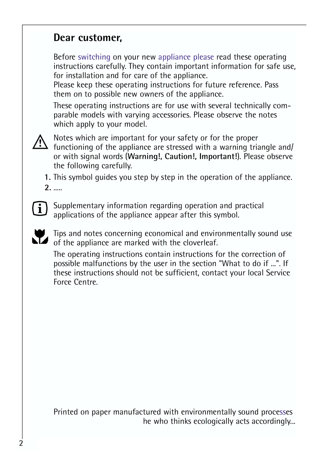 Electrolux G 78850-4 i operating instructions Dear customer 