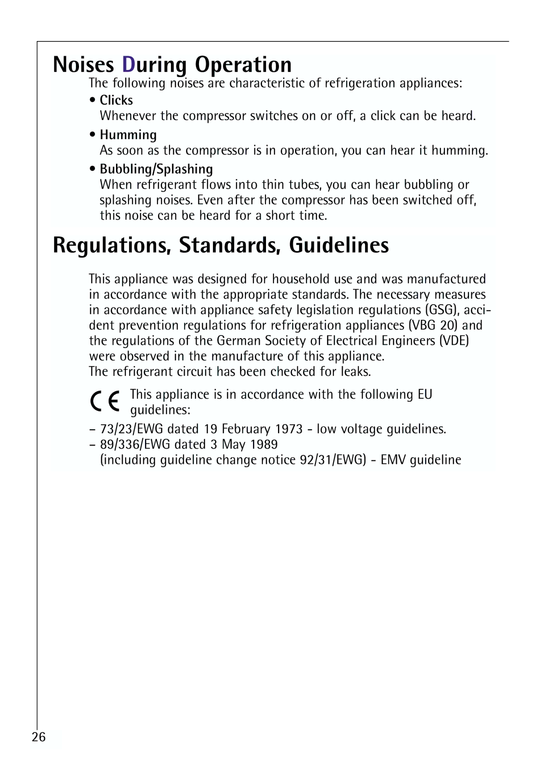 Electrolux G 78850-4 i Noises During Operation, Regulations, Standards, Guidelines, Clicks, Humming, Bubbling/Splashing 