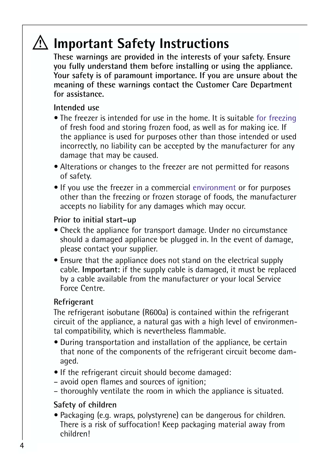 Electrolux G 78850-4 i Important Safety Instructions, Prior to initial start-up, Refrigerant, Safety of children 