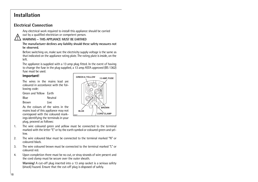 Electrolux G 8 88 50 installation instructions Installation, Electrical Connection 