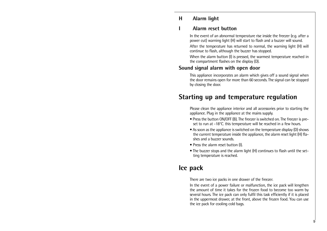 Electrolux G 8 88 50 Starting up and temperature regulation, Ice pack, Alarm light Alarm reset button 