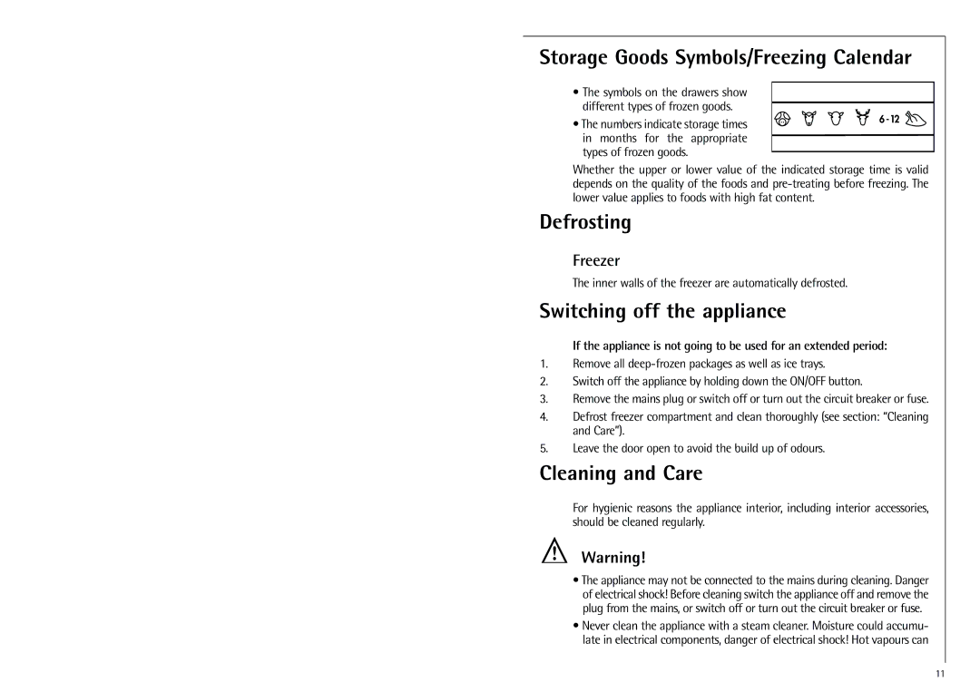 Electrolux G 9 18 50-4 i Storage Goods Symbols/Freezing Calendar, Defrosting, Switching off the appliance, Freezer 