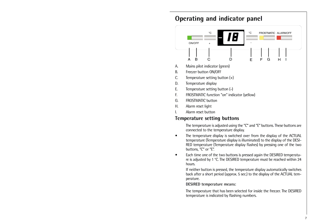 Electrolux G 9 18 50-4 i installation instructions Operating and indicator panel, Temperature setting buttons 