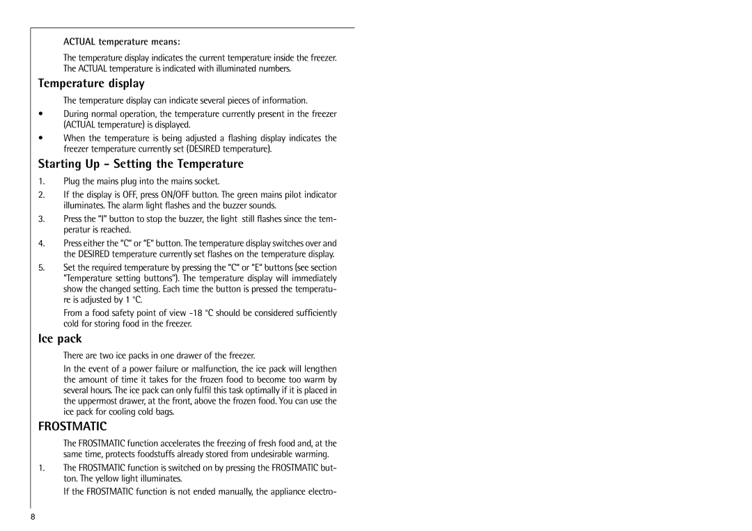 Electrolux G 9 18 50-4 i installation instructions Temperature display, Starting Up Setting the Temperature, Ice pack 