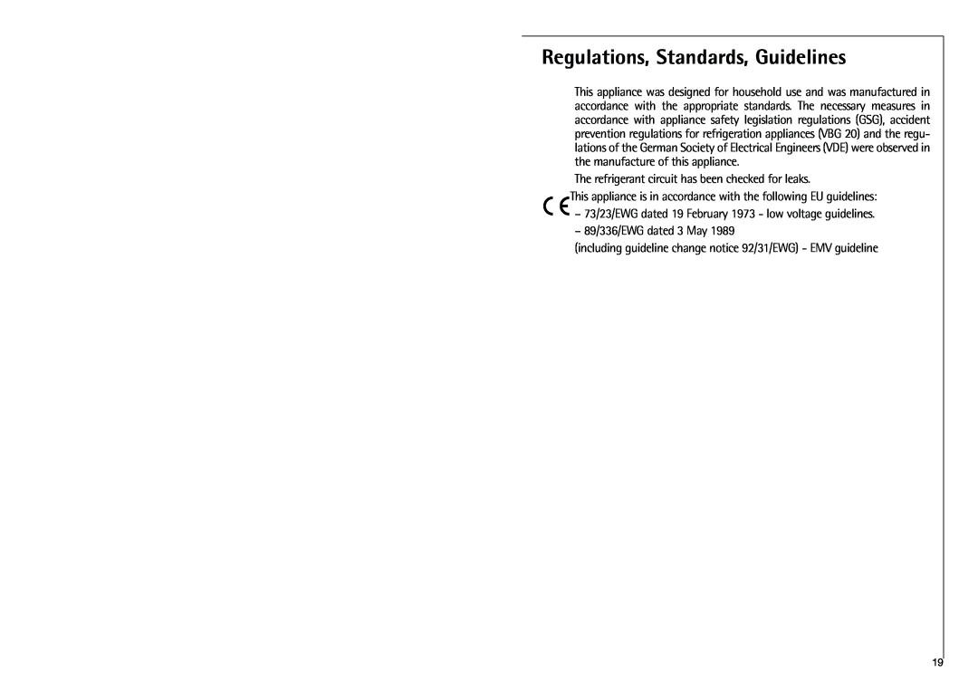 Electrolux G 9 88 50-4i installation instructions Regulations, Standards, Guidelines 
