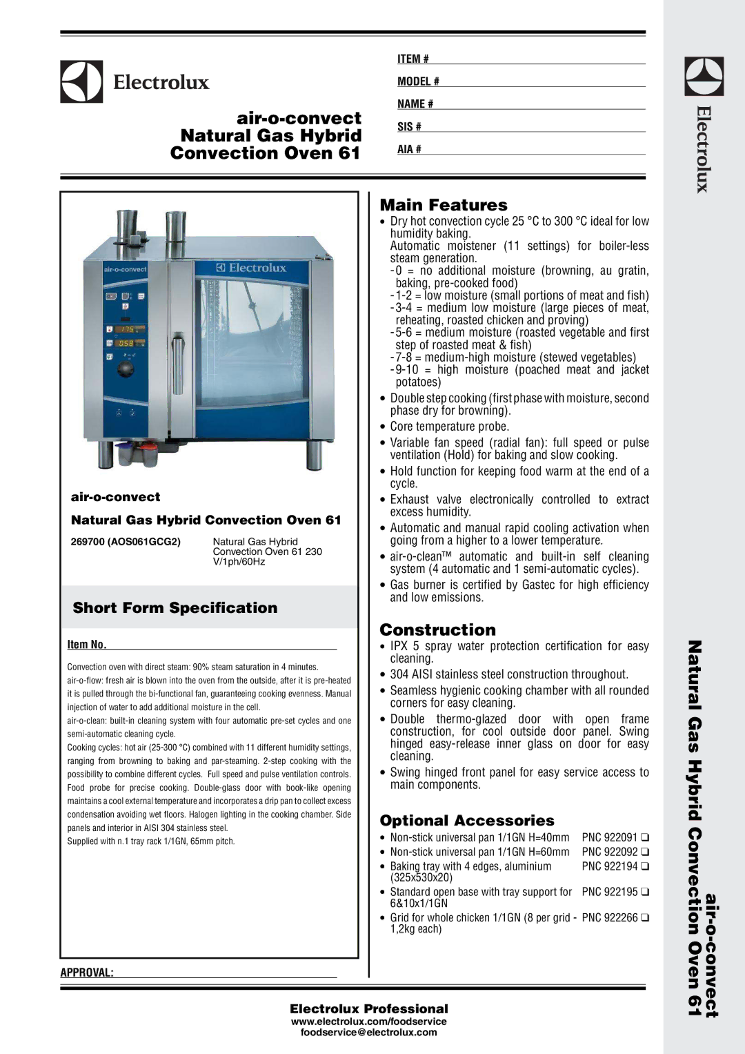 Electrolux G1 manual Air-o-convect, Natural Gas Hybrid Convection Oven, Natural Gas Hybrid Convection Air-o Oven 