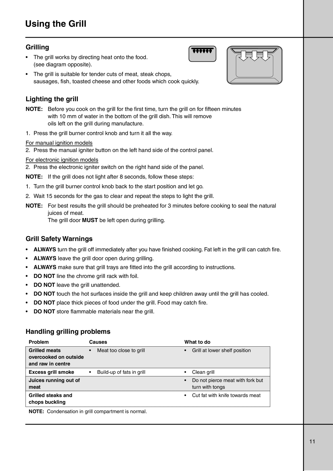 Electrolux GAS ELEVATED COOKERS Using the Grill, Lighting the grill, Grill Safety Warnings, Handling grilling problems 