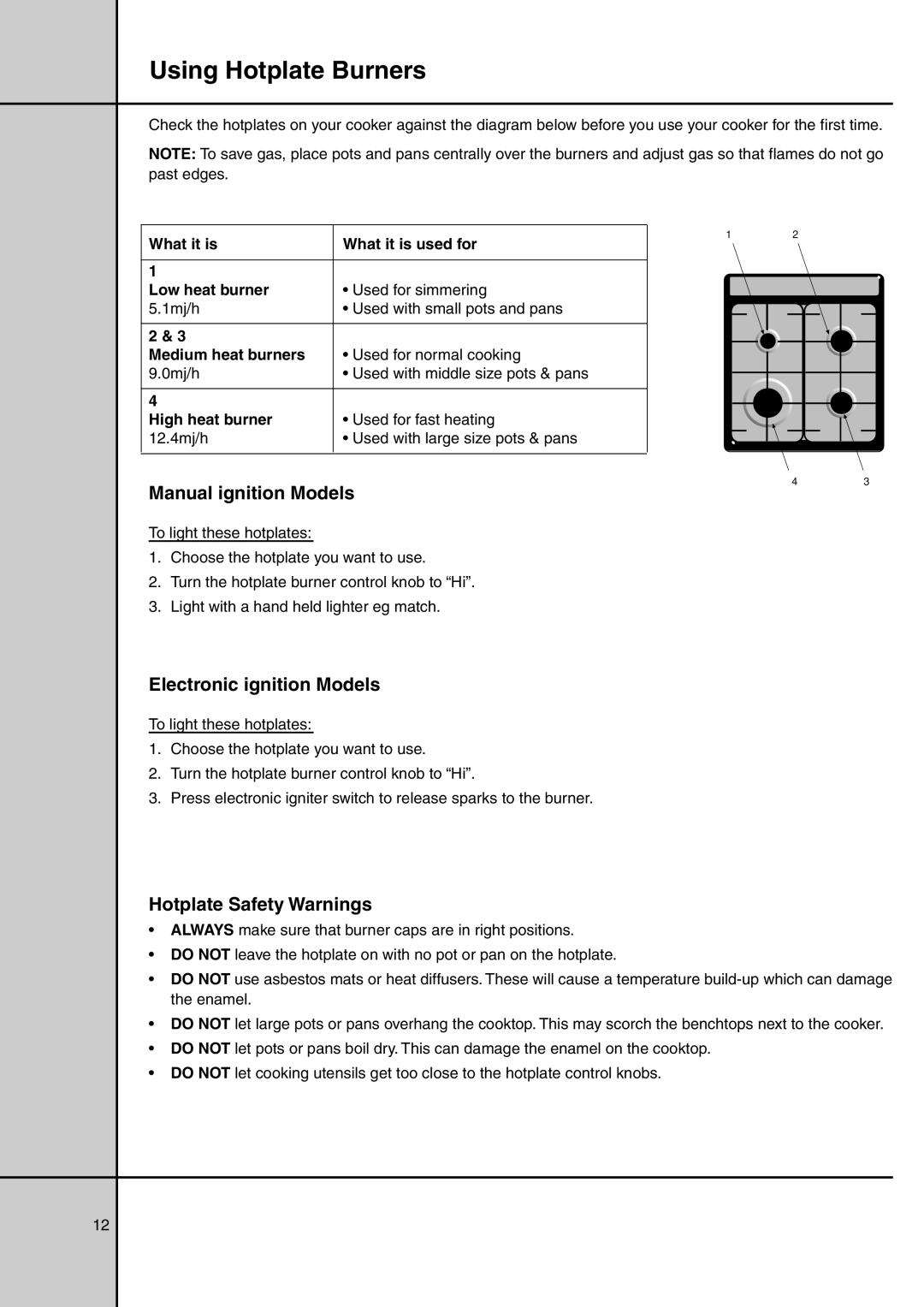 Electrolux GAS ELEVATED COOKERS manual Using Hotplate Burners, Manual ignition Models, Hotplate Safety Warnings 