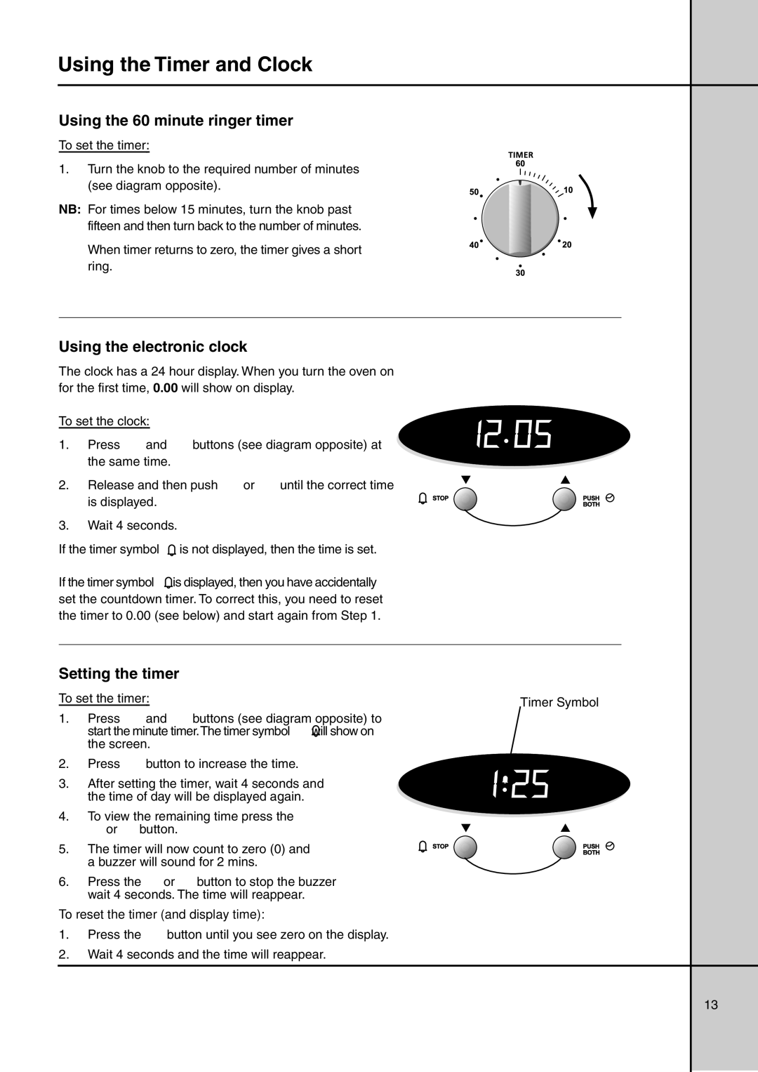 Electrolux GAS ELEVATED COOKERS Using the Timer and Clock, Using the 60 minute ringer timer, Using the electronic clock 