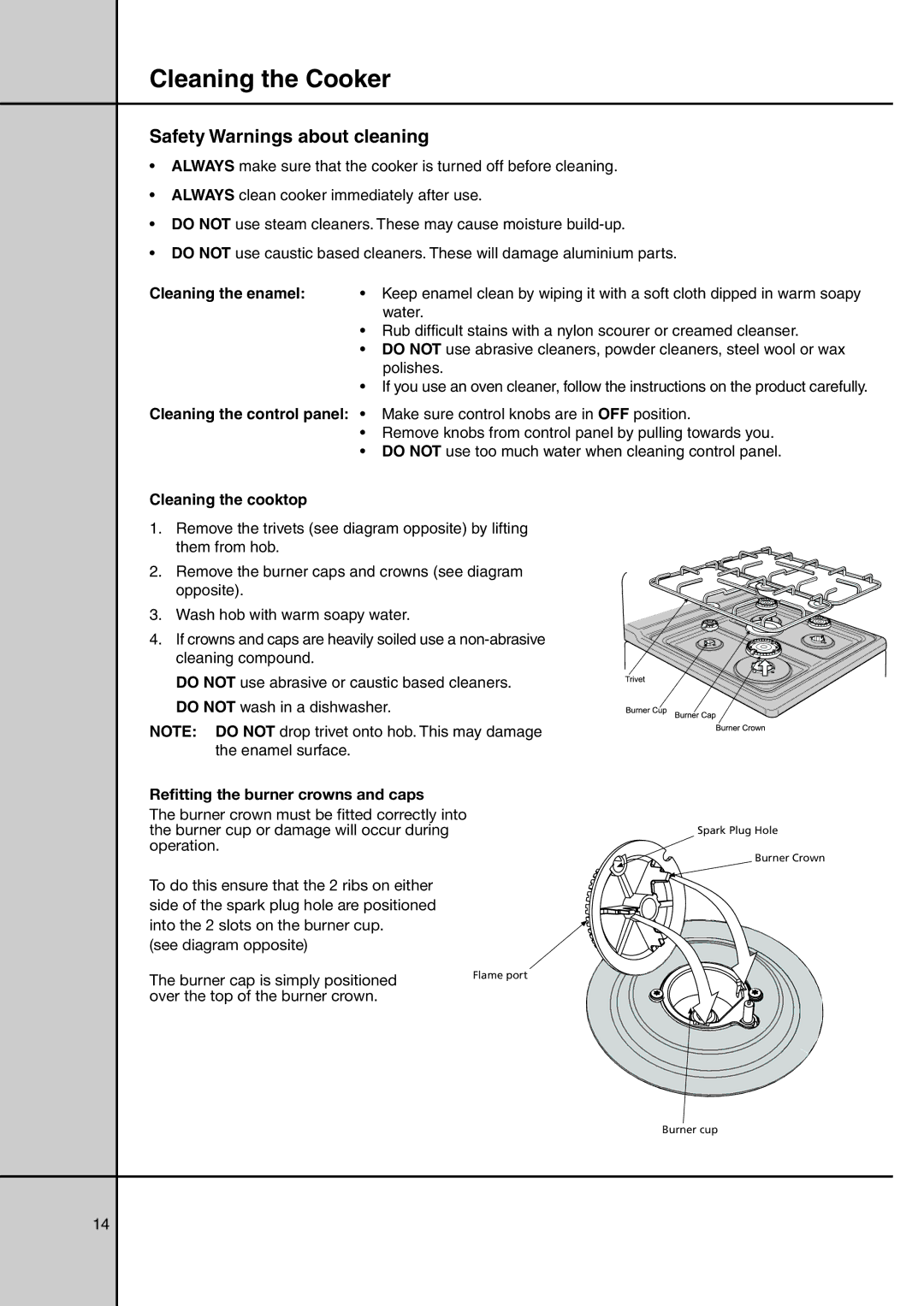 Electrolux GAS ELEVATED COOKERS manual Cleaning the Cooker, Safety Warnings about cleaning, Cleaning the enamel 