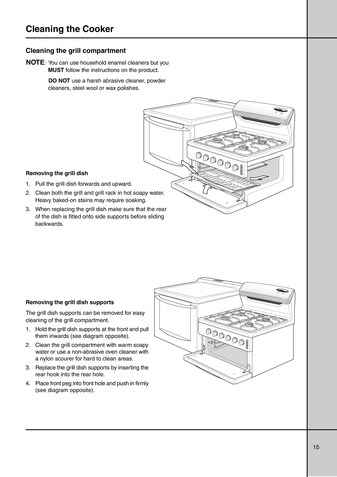 Electrolux GAS ELEVATED COOKERS manual Cleaning the grill compartment, Removing the grill dish supports 