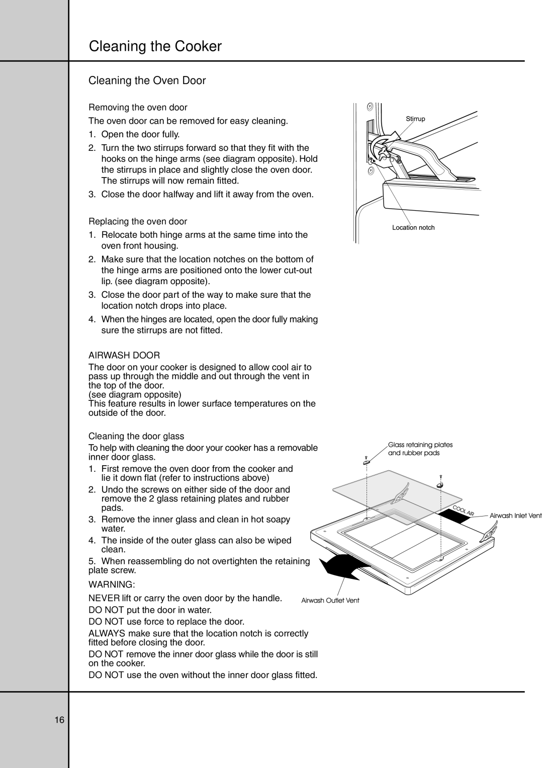 Electrolux GAS ELEVATED COOKERS manual Cleaning the Oven Door, Removing the oven door, Replacing the oven door 