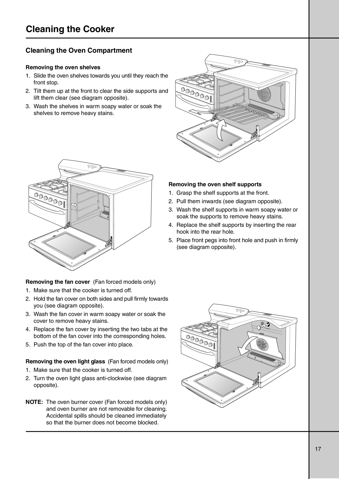 Electrolux GAS ELEVATED COOKERS Cleaning the Oven Compartment, Removing the oven shelves, Removing the oven shelf supports 