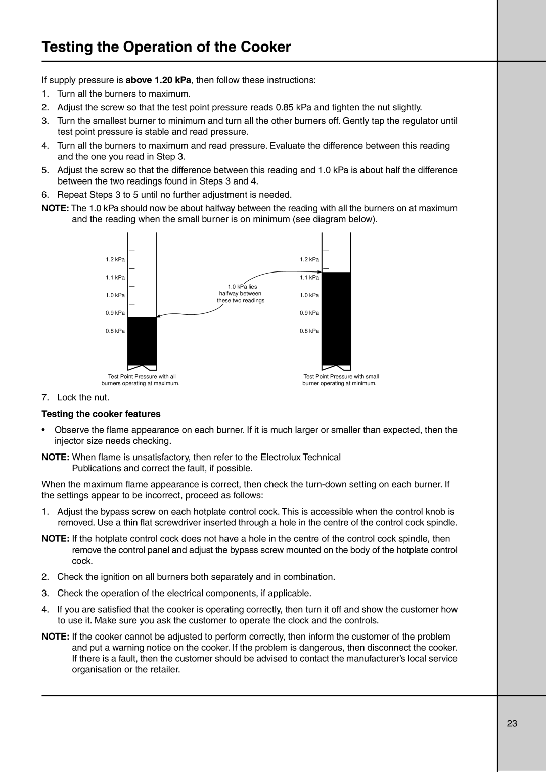 Electrolux GAS ELEVATED COOKERS manual Testing the cooker features 