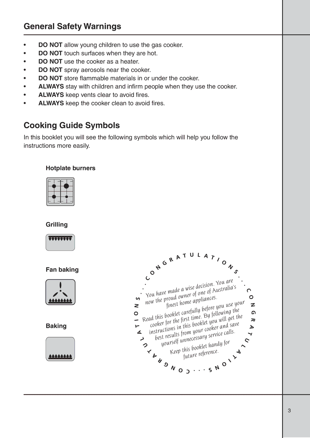 Electrolux GAS ELEVATED COOKERS manual General Safety Warnings, Cooking Guide Symbols 