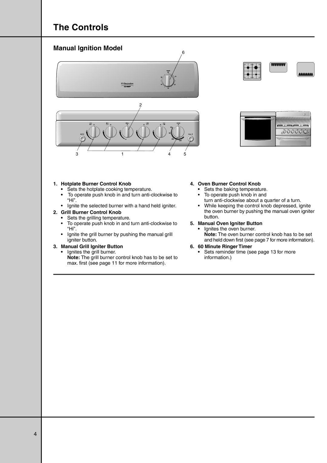 Electrolux GAS ELEVATED COOKERS manual Controls, Manual Ignition Model 