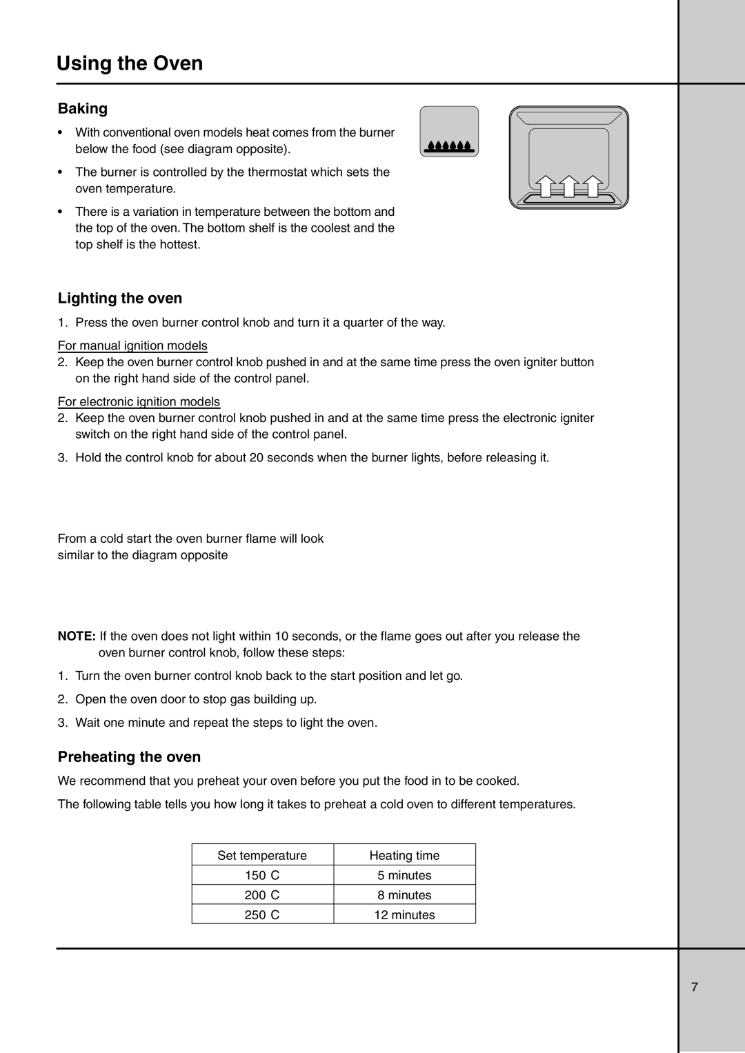 Electrolux GAS ELEVATED COOKERS manual Using the Oven, Lighting the oven, Preheating the oven 