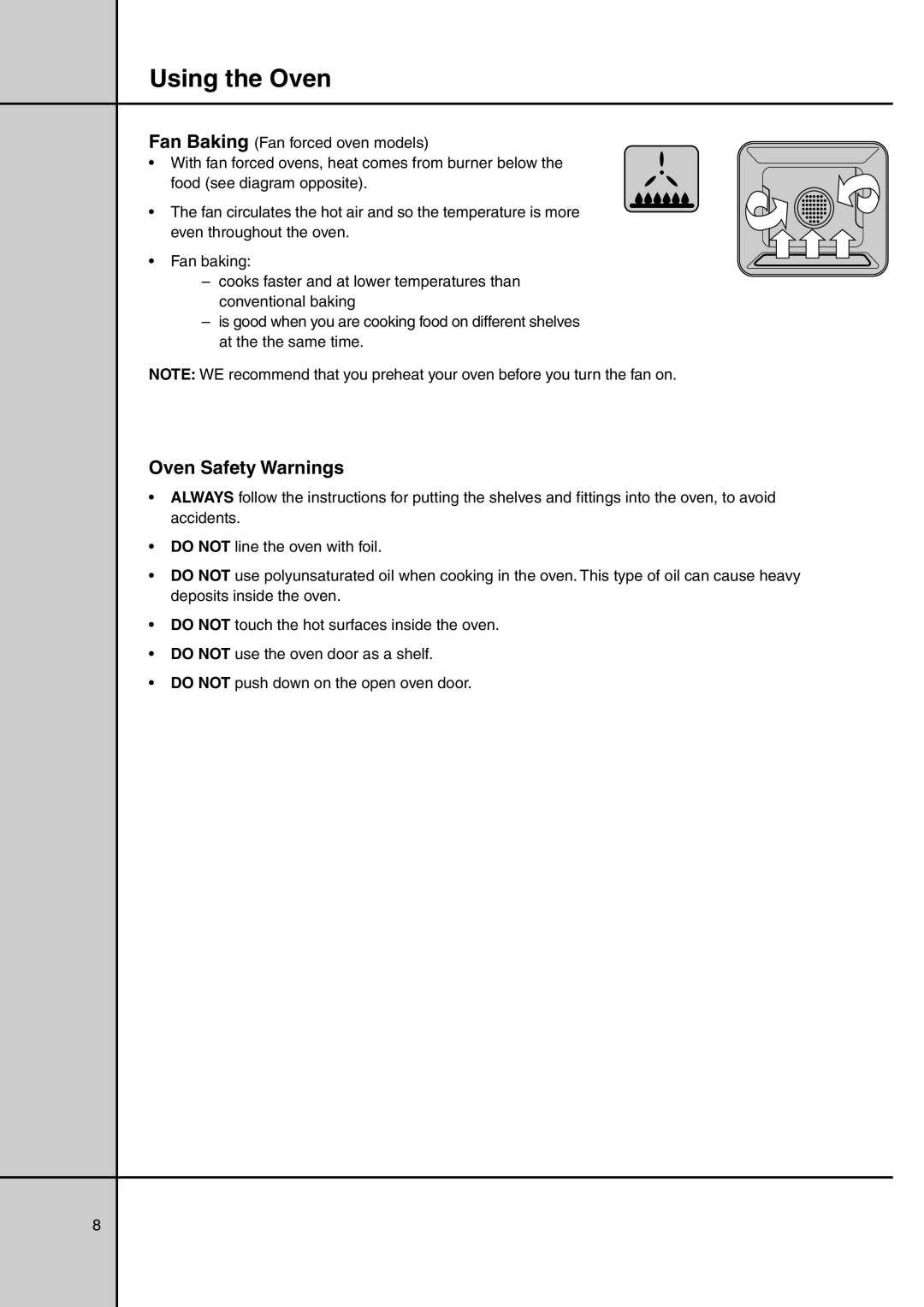 Electrolux GAS ELEVATED COOKERS manual Oven Safety Warnings 