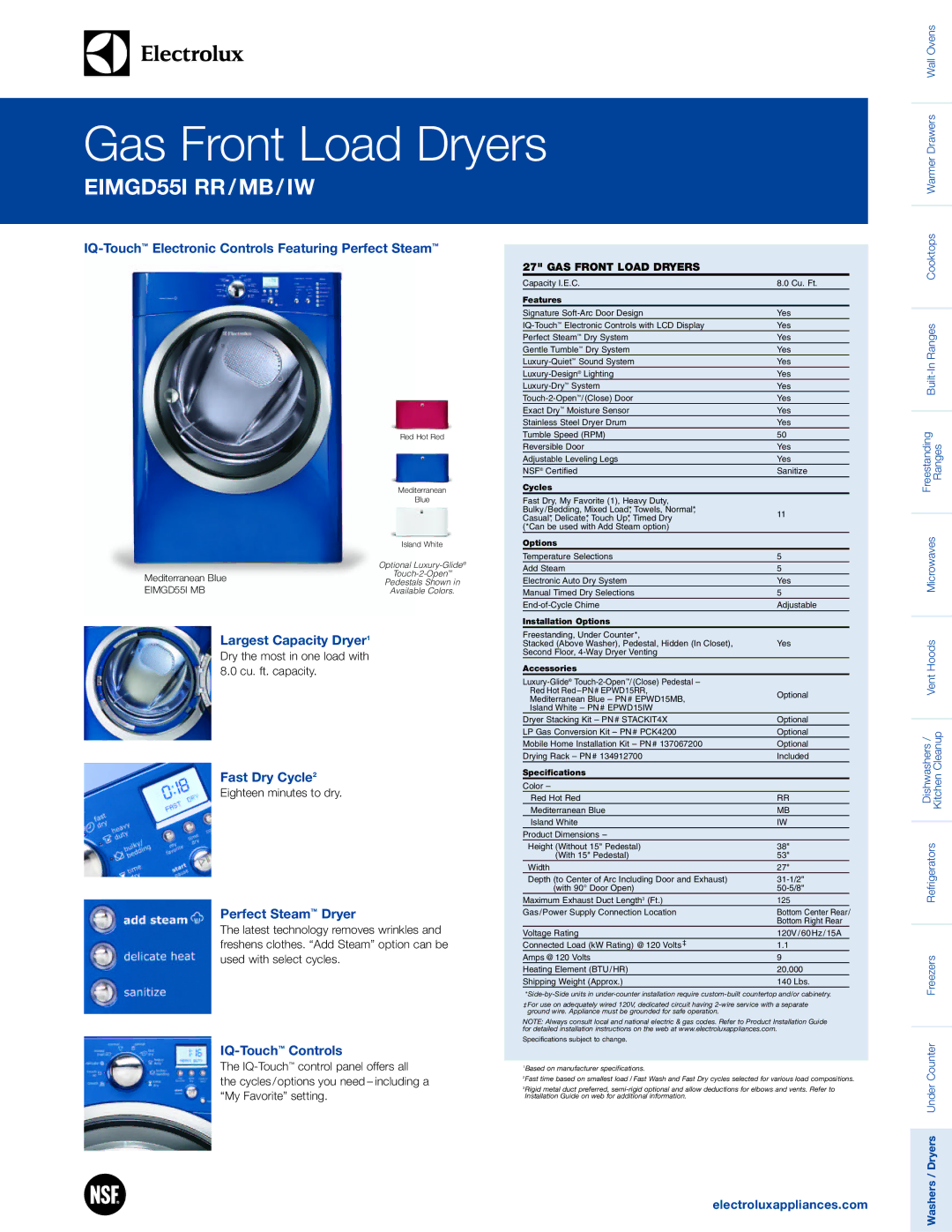 Electrolux EIMGD55I RR/MB/IW system manual IQ-TouchElectronic Controls Featuring Perfect Steam, Largest Capacity Dryer1 