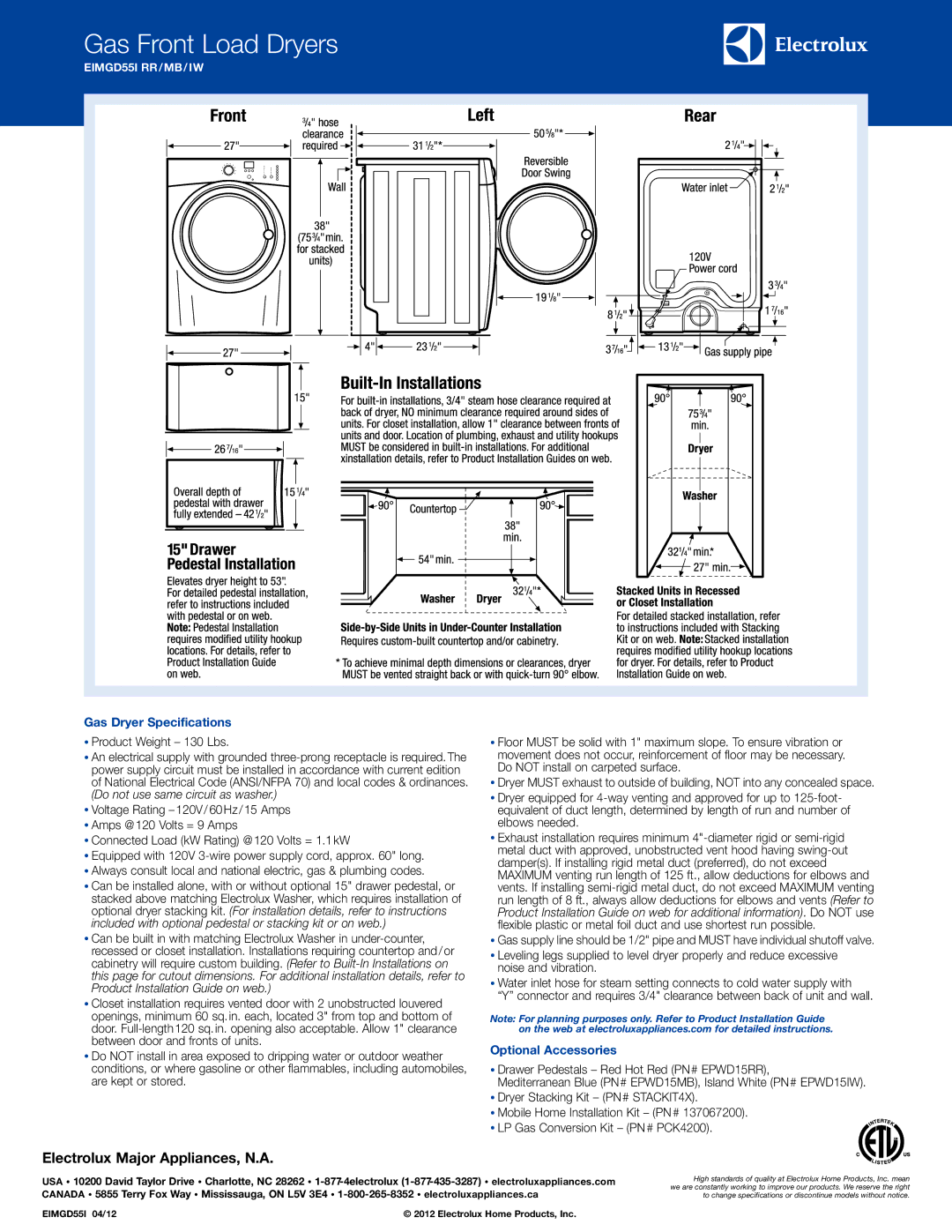 Electrolux Gas Front Load Dryer, EIMGD55I RR/MB/IW system manual Gas Dryer Specifications, Optional Accessories 