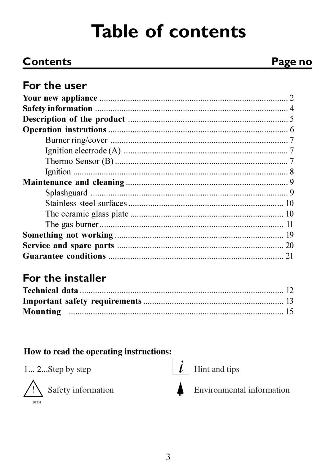 Electrolux Gas hob manual Table of contents 