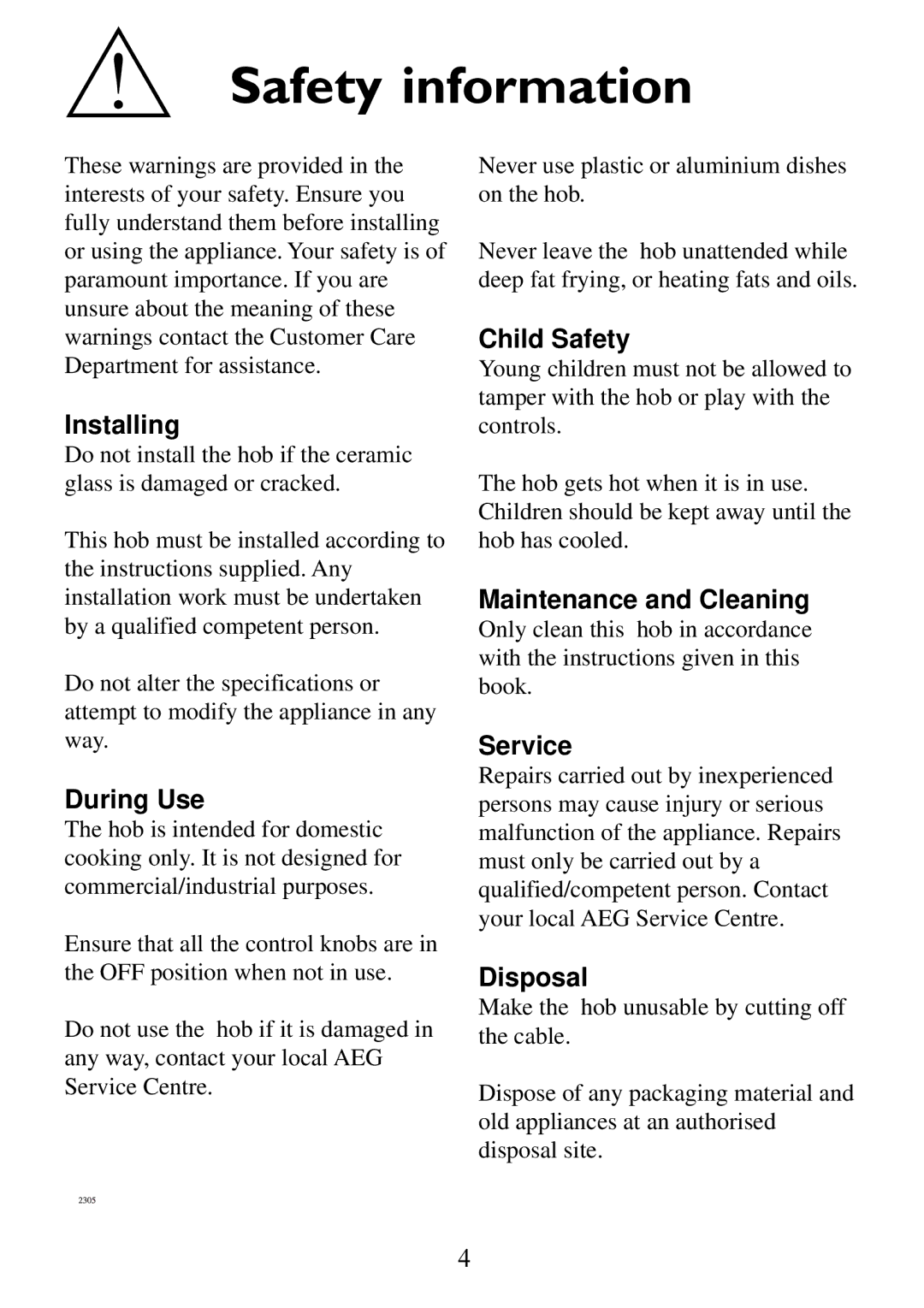 Electrolux Gas hob manual Safety information 