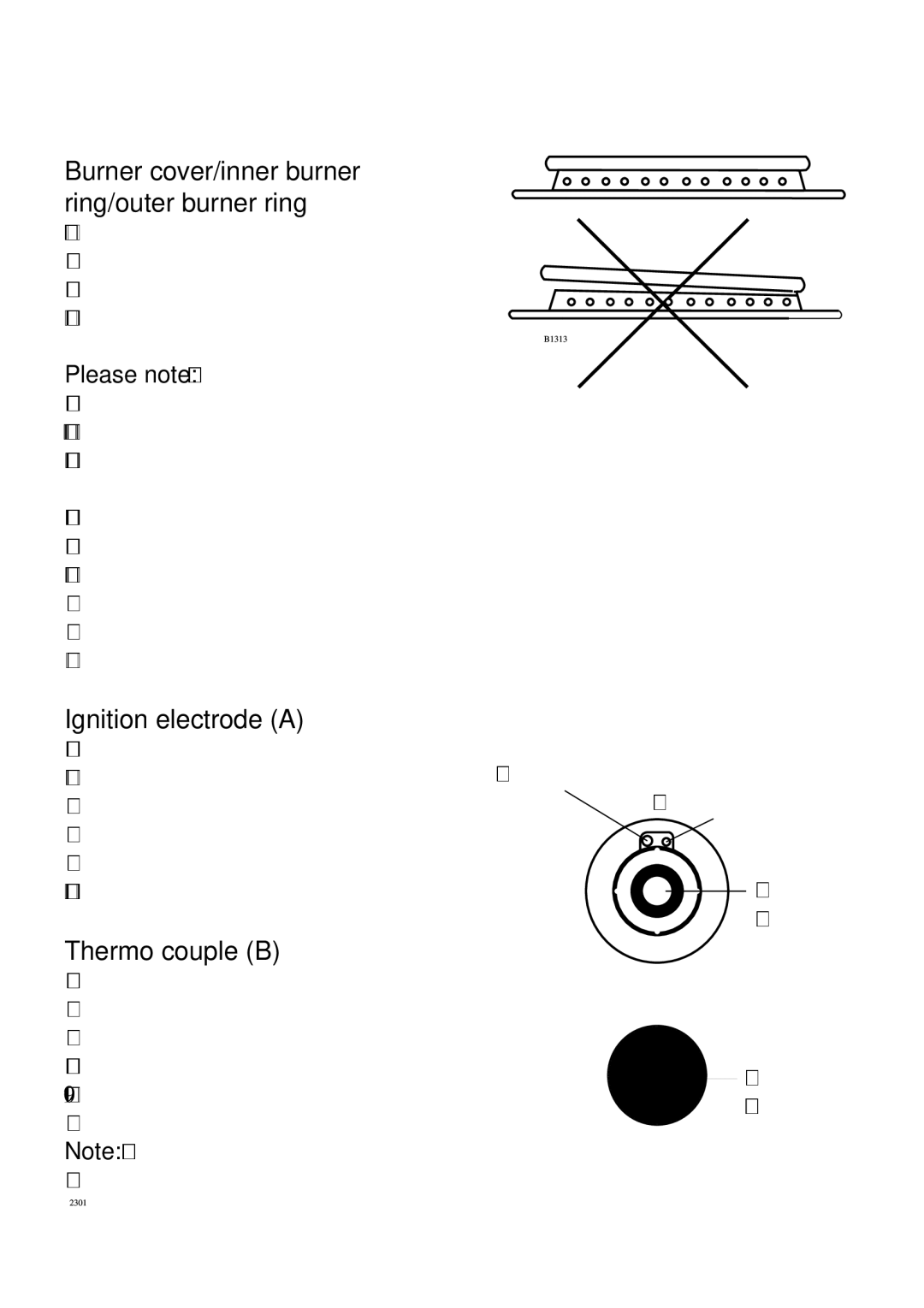 Electrolux Gas hob manual Burner cover/inner burner ring/outer burner ring, Ignition electrode a, Thermo couple B 