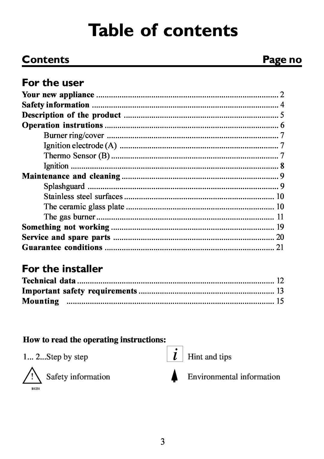 Electrolux Gas hob Table of contents, How to read the operating instructions, Contents, For the user, For the installer 
