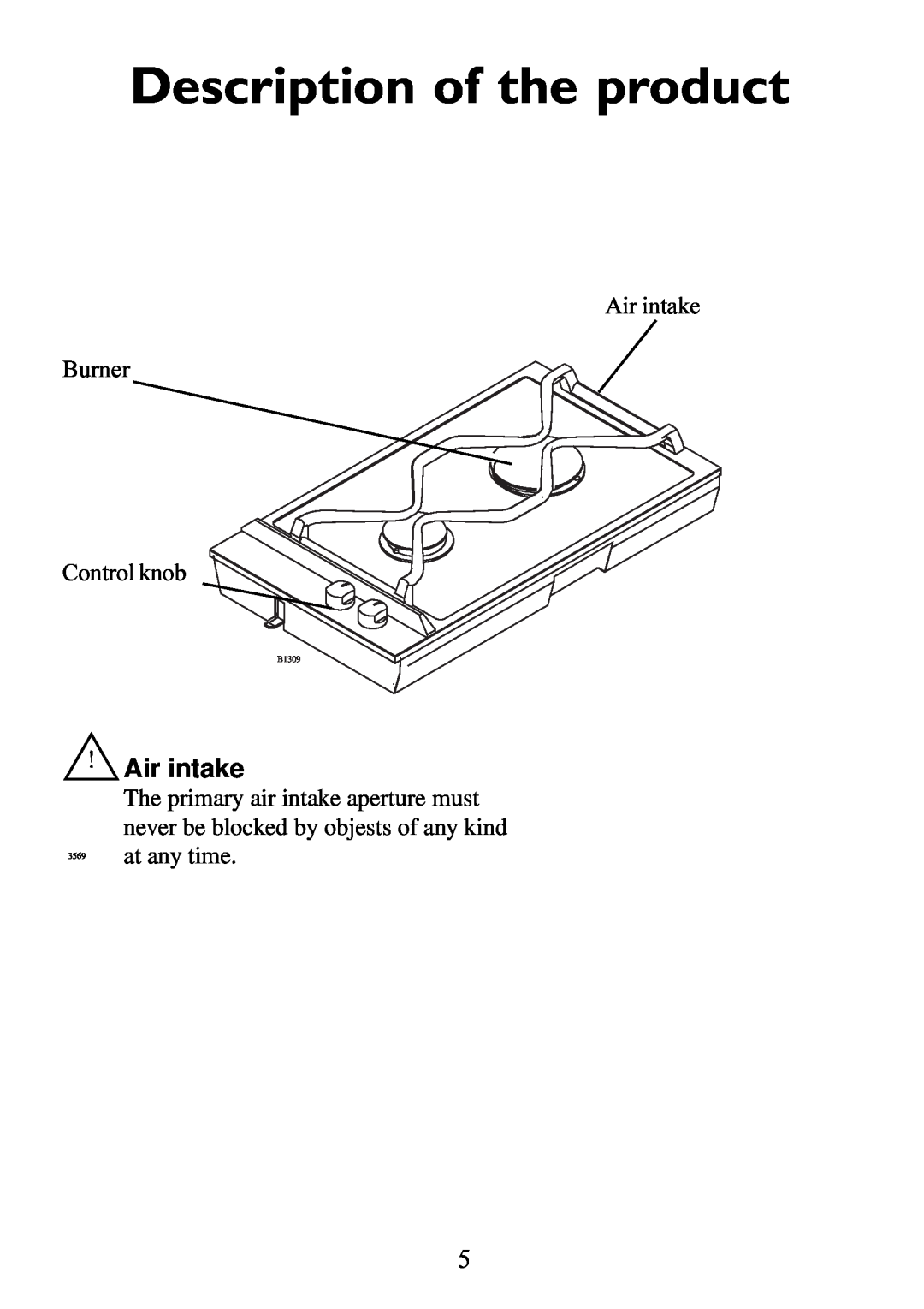 Electrolux Gas hob manual Description of the product, Air intake 
