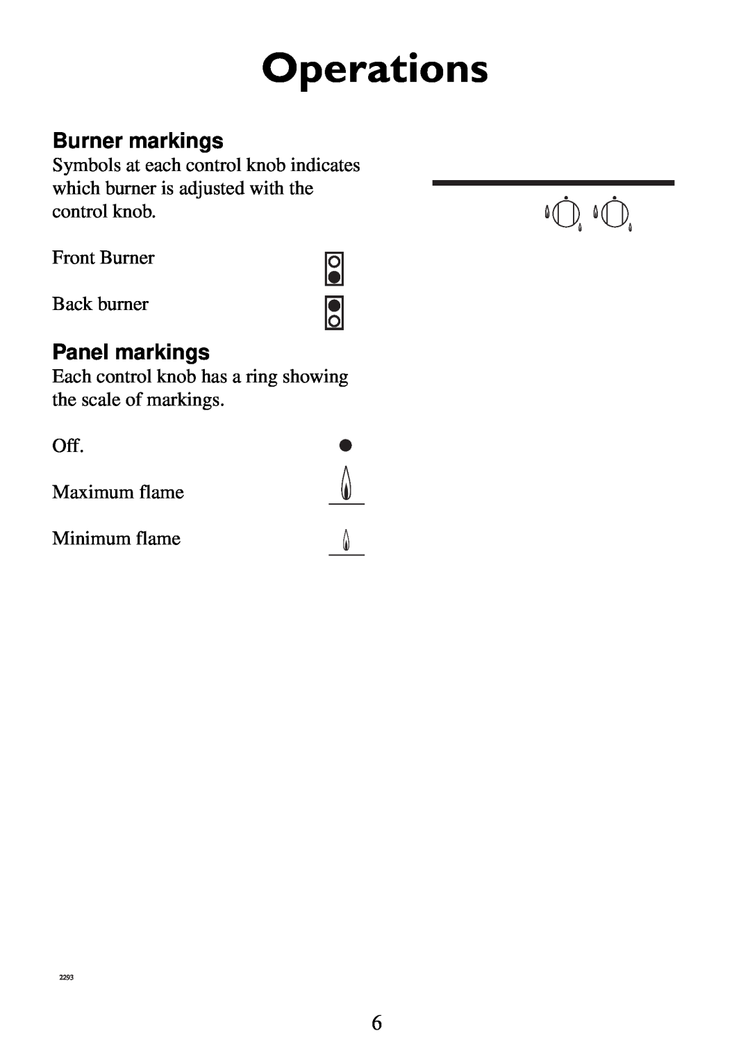 Electrolux Gas hob manual Operations, Burner markings, Panel markings 