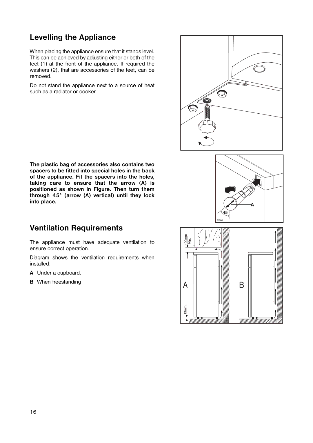 Electrolux GB ERD 1843 manual Levelling the Appliance, Ventilation Requirements 