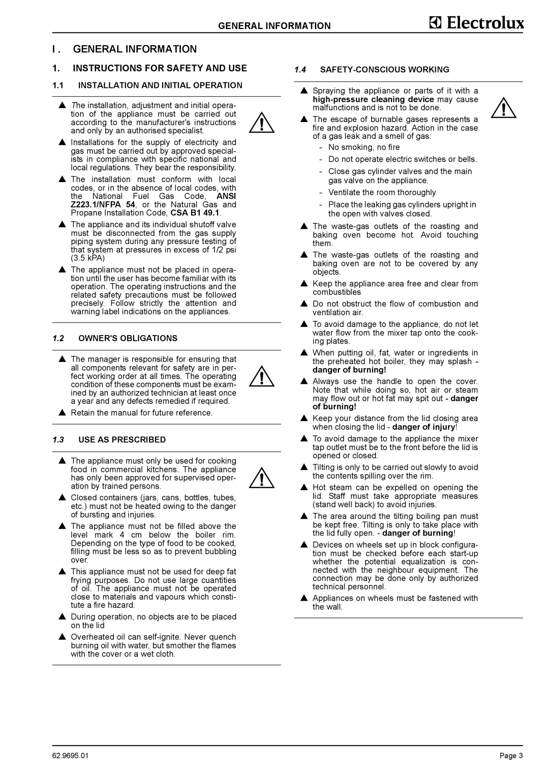 Electrolux 583400, GP5EOEOOBO, GP5COEOOBO, GP5BOEOOBO, 9CHG583398, 583399 General Information, Instructions for Safety and USE 