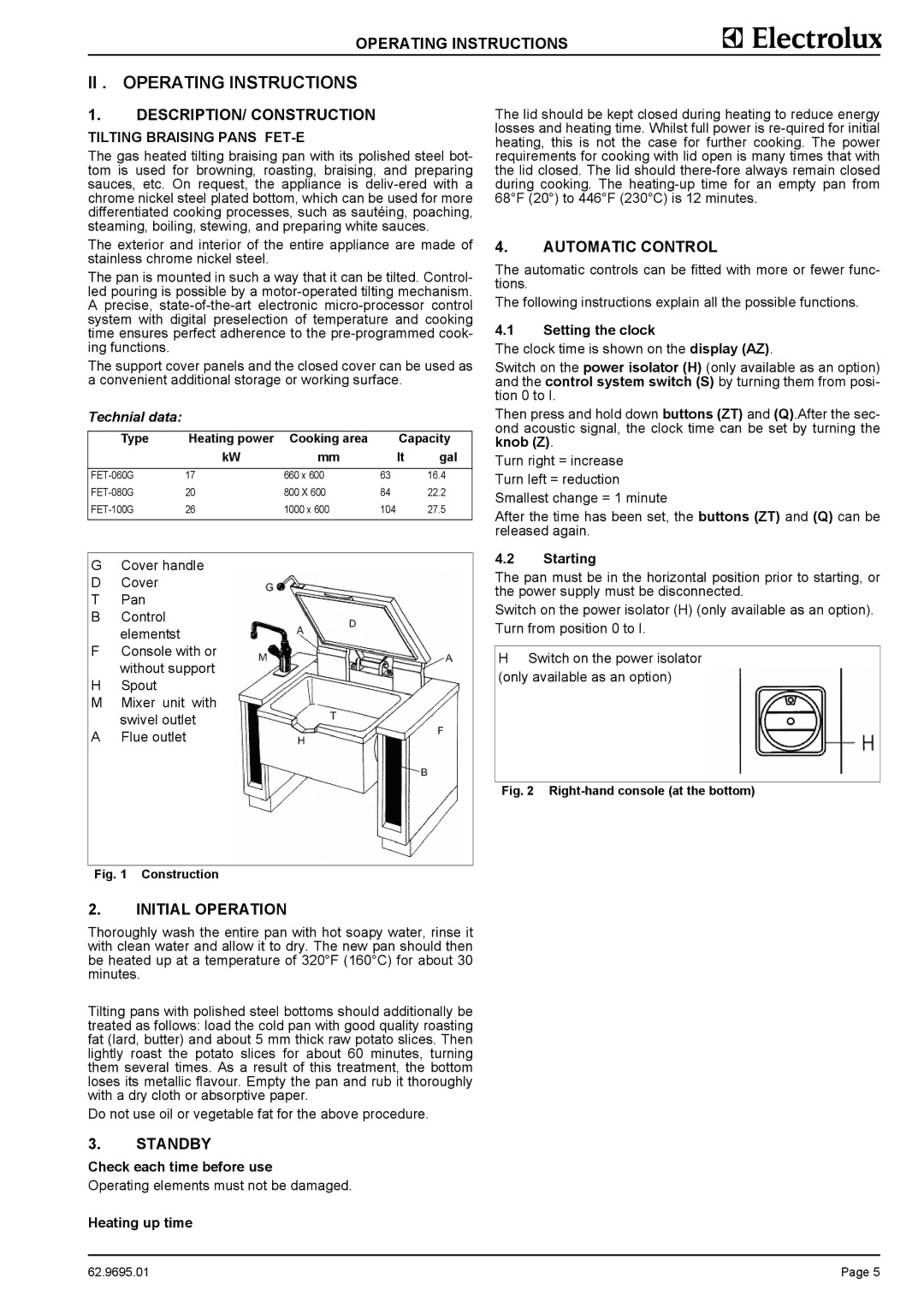 Electrolux 9CHG583400 Operating Instructions, DESCRIPTION/ Construction, Automatic Control, Initial Operation, Standby 