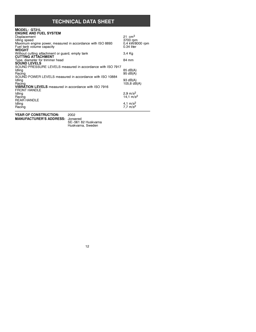 Electrolux GT21L instruction manual Weight 