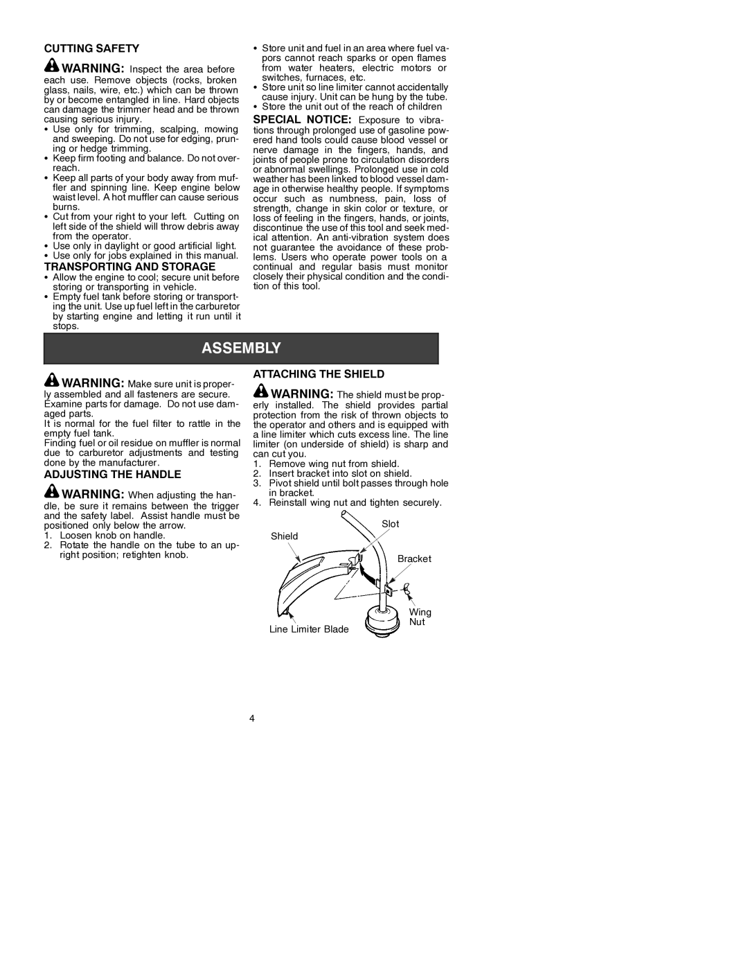 Electrolux GT21L instruction manual Cutting Safety, Transporting and Storage, Adjusting the Handle, Attaching the Shield 