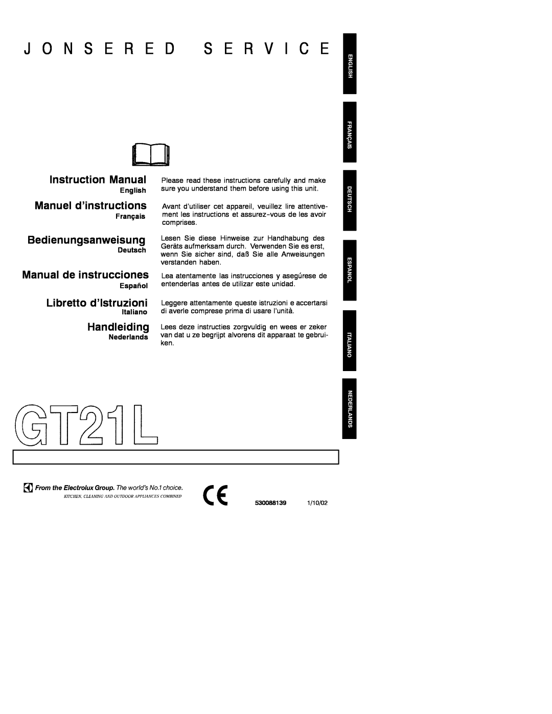 Electrolux GT21L instruction manual English, Français, Deutsch, Español, Italiano, Nederlands, J O N S E R E, Handleiding 