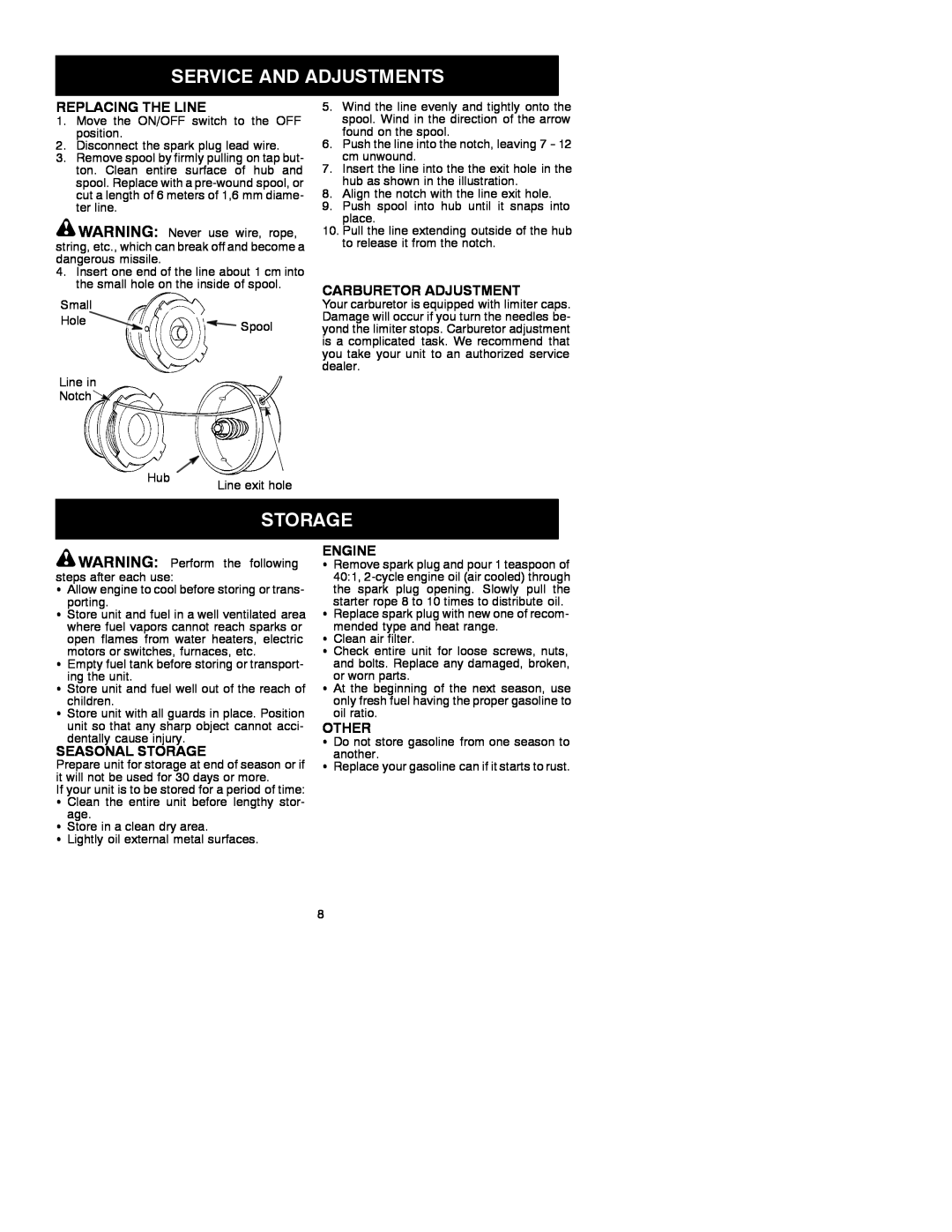 Electrolux GT21L instruction manual Replacing The Line, Carburetor Adjustment, Seasonal Storage, Engine, Other 