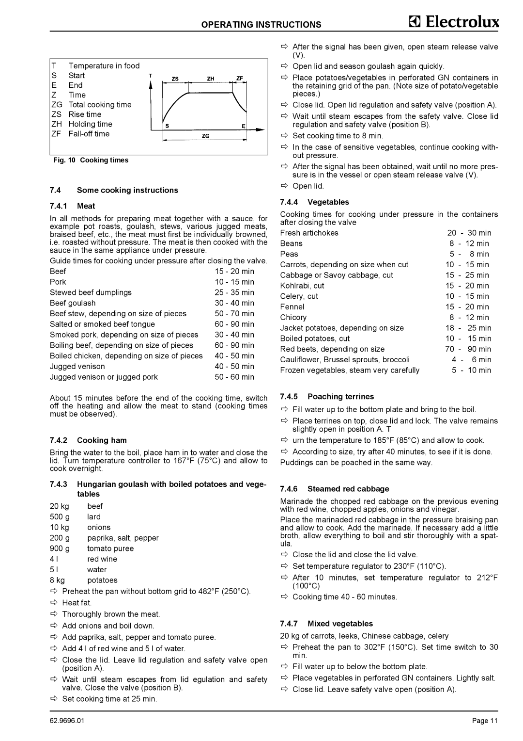 Electrolux 9CHG583309 Some cooking instructions Meat, Cooking ham, Hungarian goulash with boiled potatoes and vege- tables 