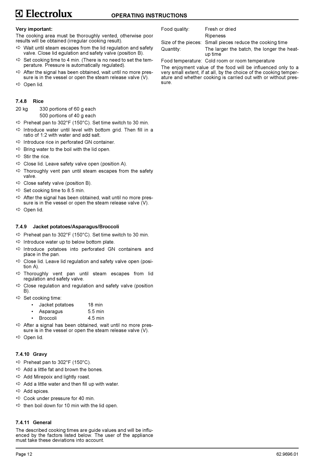 Electrolux 9CHG583308, GXYEOEOOOO, GXXBOEOOOO manual Very important, Rice, Jacket potatoes/Asparagus/Broccoli, Gravy, General 