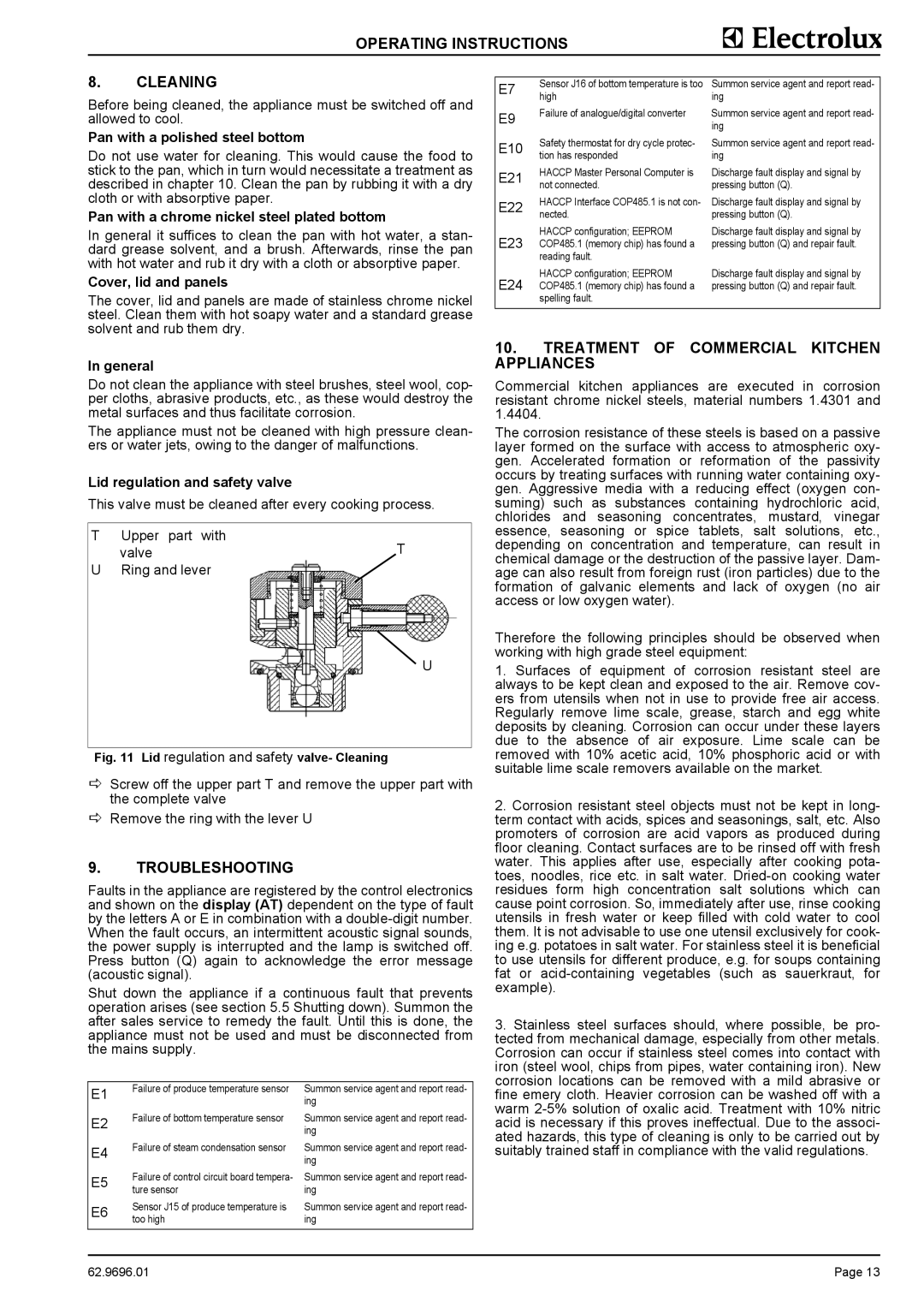 Electrolux 9CHG583307, GXYEOEOOOO manual Operating Instructions Cleaning, Troubleshooting, Pan with a polished steel bottom 