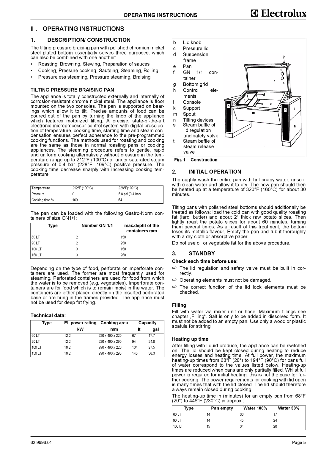 Electrolux GXWBOEOOOO, GXYEOEOOOO, GXXBOEOOOO Operating Instructions, DESCRIPTION/ Construction, Initial Operation, Standby 