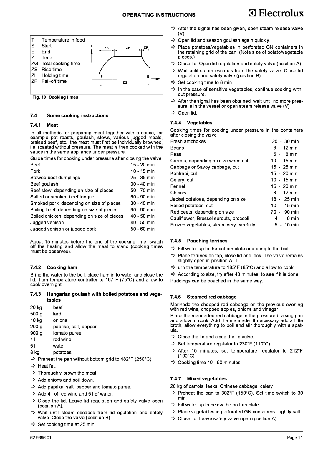 Electrolux 9CHG583309 Operating Instructions, Some cooking instructions 7.4.1 Meat, Cooking ham, Vegetables, Cooking times 