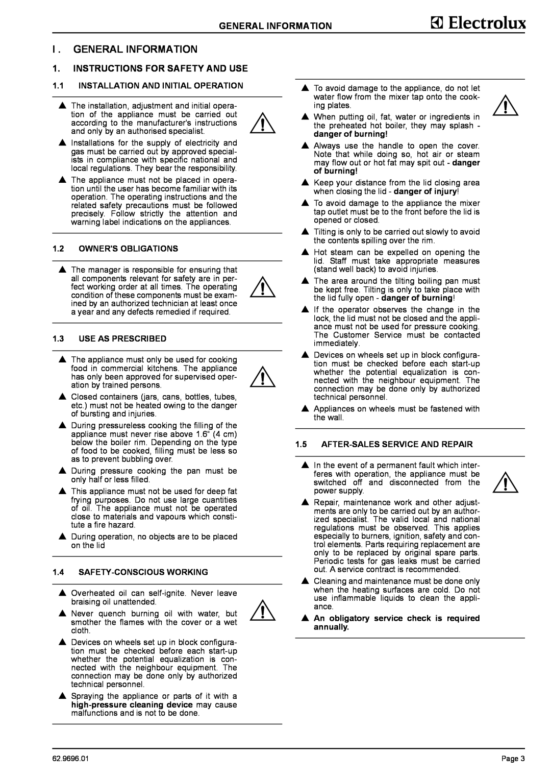 Electrolux GXXHOEOOOO, GXYEOEOOOO, GXXBOEOOOO, GXYHOEOOOO manual I . General Information, Instructions For Safety And Use 